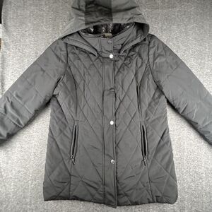 Croft & Barrow Quilted Puffer Coat Womens Sz XL Black Hooded Lined Faux Fur Neck